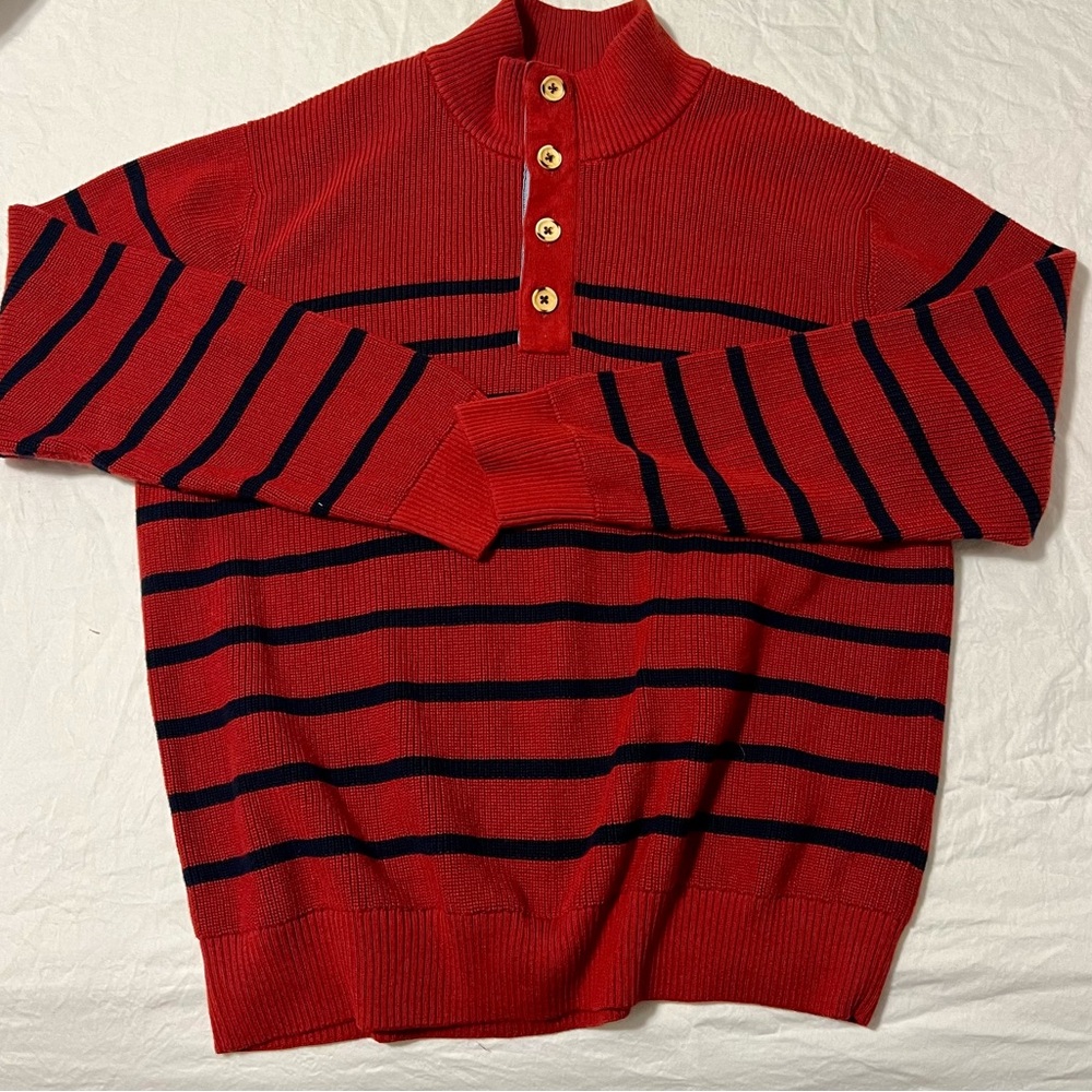 J McLaughlin Red and deep navy Turtleneck Sweater with Horizontal Stripes. New!